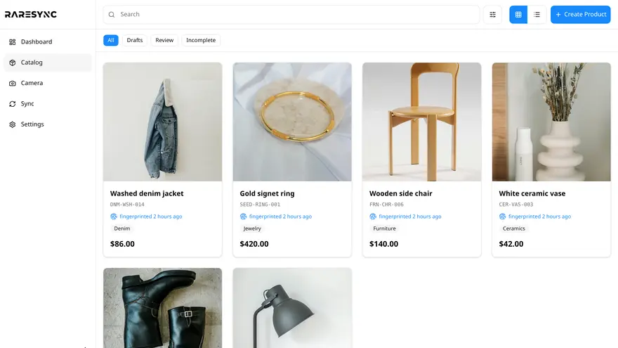 The RareSync catalog grid, with filters for drafts and missing photos