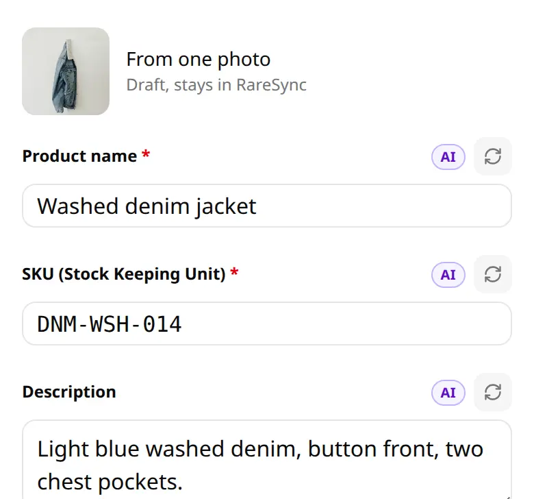 A draft listing with the name, SKU and description filled in from photos