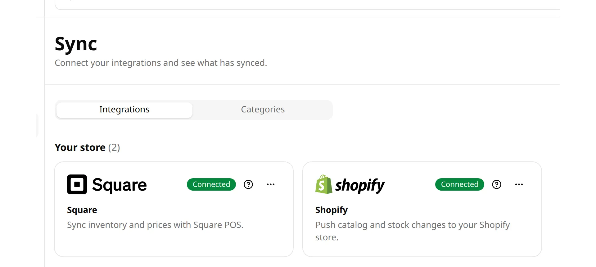 Square and Shopify connected on the Sync screen