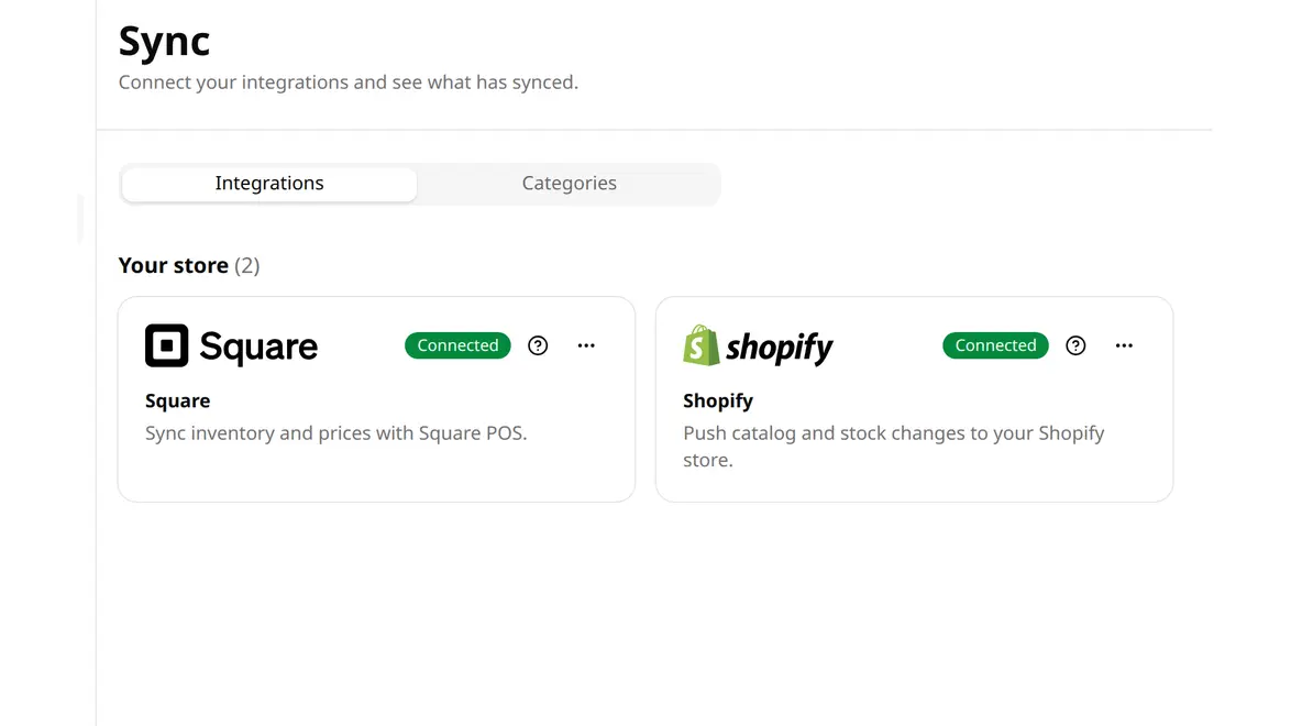 Square and Shopify connected on the Sync screen